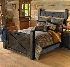 a rustic bedroom with wooden walls and flooring