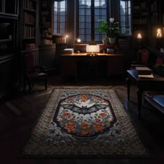 a dark room with an area rug on the floor in front of two windows and a desk