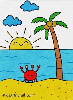 a drawing of a crab under a palm tree on the beach