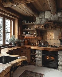 a rustic kitchen with an oven, sink and countertop is seen in this image