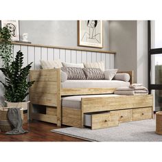 a living room with a couch and storage drawers on the bottom shelf, next to a potted plant