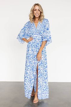 Watson Kimono Maxi Dress | Blue + White | Baltic Born Maxi Dress With Kimono, White Maxi Dress Outfit, Bride And Groom Outfits, Kimono Maxi Dress, Baltic Born, Kimono Sleeves, Maxi Styles, Maxi Dress Navy, Pleated Maxi Dress