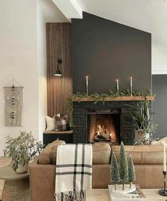 a living room filled with furniture and a fire place in the middle of it's wall