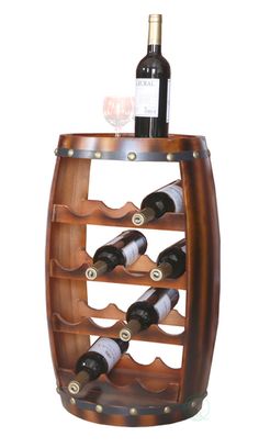 a wooden wine rack holding several bottles of wine