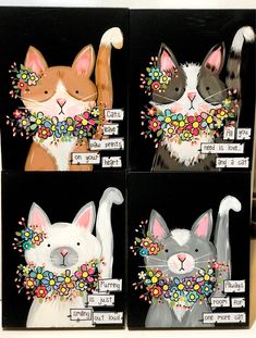 four pictures of cats with flowers on their collars