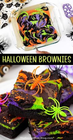 halloween brownies decorated with spider webs and sprinkles