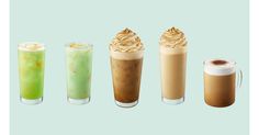 four different types of drinks with whipped cream on top