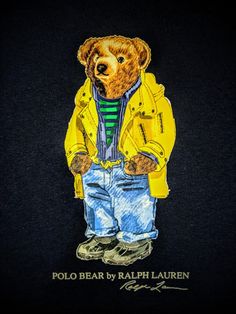 a drawing of a bear wearing a yellow jacket and blue jeans, with the words polo bear by rahl lauren on it