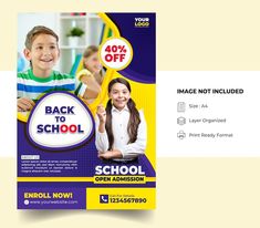 the back to school flyer is shown in purple, yellow and white colors with an image of