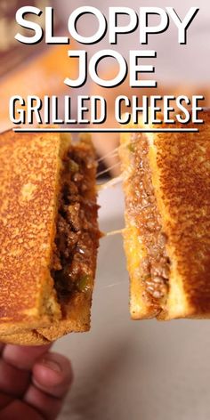 a grilled cheese sandwich being held up by a person's hand with the words sloppy joe grilled cheese on it