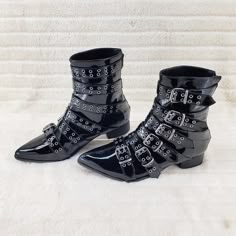 1 1/2" (38mm) Block Heel Pointed Toe Winkle-Picker Style Calf High Boot Featuring Multi Double Grommet Buckle Straps, Back Zip Closure Authentic Demonia New In Box Emo Boots, Calf High Boots, Gothic Boots, Goth Shoes, Demonia Shoes, Goth Boots, Gothic Shoes, Black Platform Boots, Buckle Ankle Boots