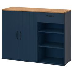 a blue cabinet with two doors and shelves