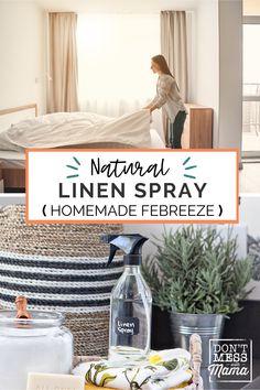 the natural linen spray is in front of a bed with pillows and blankets on it