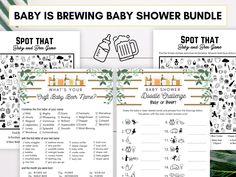 the baby is brewing baby shower bundle with its instructions and printables on it