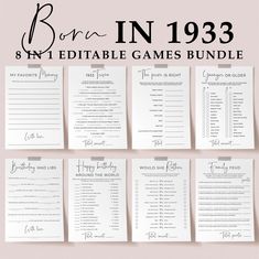 the birthday games bundle is shown in black and white with text that reads born in 1932