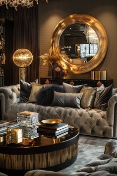 a living room filled with furniture and a large mirror on the wall above it's headboard