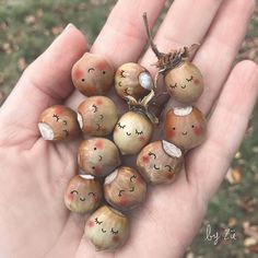 a bunch of nuts with faces drawn on them in someone's hand that is holding it