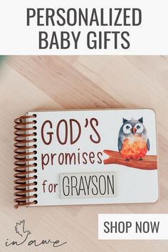 a personalized baby gift book with an owl on it and the words god's promises for grayson