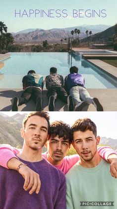 two men standing next to each other in front of a pool with mountains and palm trees