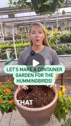 a woman holding a potted plant in her hands with the words let's make a container garden for the hummingbirds