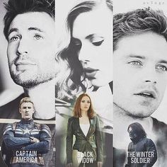 an advertisement for captain america the winter soldier is shown in black and white, with multiple images of actors