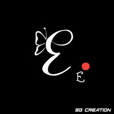 the letter e is made up of white letters and a red ball on a black background