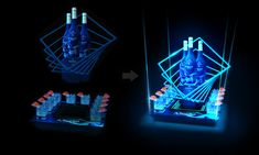 three different views of an illuminated display with bottles in the shape of hexagonal structures