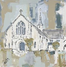 an abstract painting of a church and trees