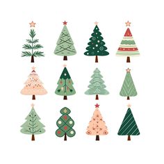 christmas trees are arranged in different colors and sizes