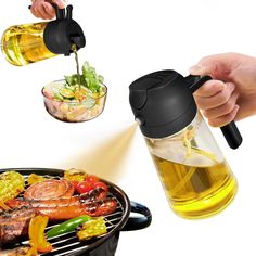 a person is cooking food on the grill with an oil bottle and tongs in their hand