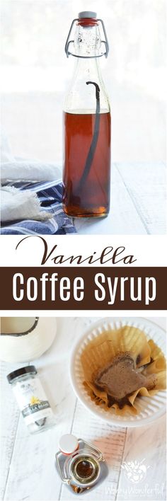 coffee syrup in a glass bottle next to a bowl of food on a white table