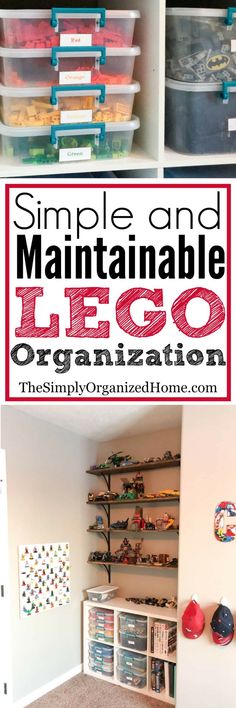 an organized lego room with shelves and bins