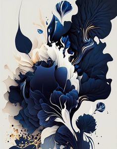 an abstract painting with blue and white flowers