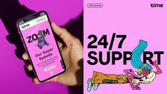 someone is holding their phone up to show the zoom app on its screen, and it's in front of a pink background that says zoom support