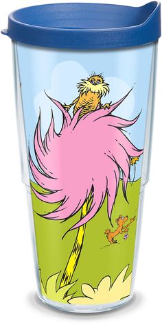 the dr seusster tumbler cup has a blue lid and is decorated with an image of a bird on it