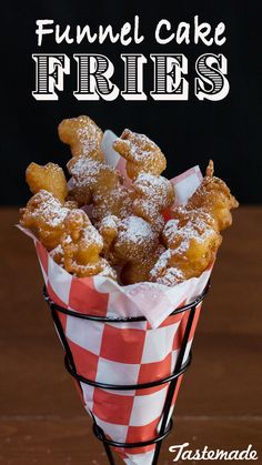 funnel cake fries in a basket with text overlay that reads funnel cake frieds