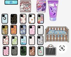 an assortment of cell phones with different designs on them, including one baby crib