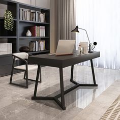 a laptop computer sitting on top of a wooden desk in front of a book shelf