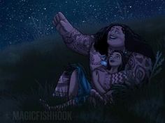 a woman laying on the ground next to a child under a sky full of stars