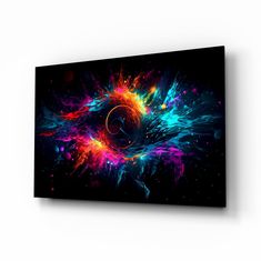 an abstract painting with bright colors on a black background canvas wall art print, ready to hang