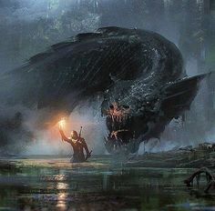 a giant monster attacking a man holding a light in his hand while standing on the water