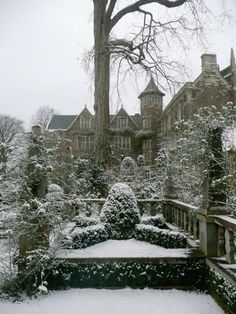 a snow covered garden in front of a large building with trees and bushes around it