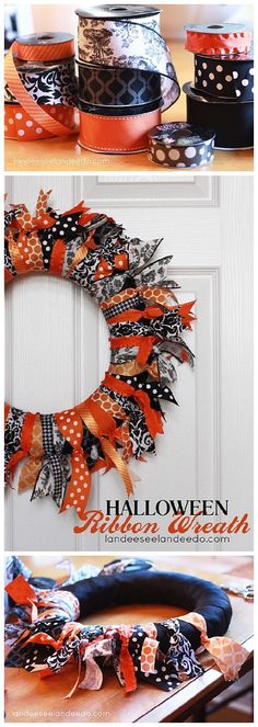 an image of halloween wreaths with ribbons on the front and back sides, all in different colors