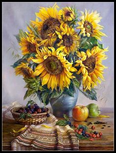 a painting of sunflowers in a vase and fruit