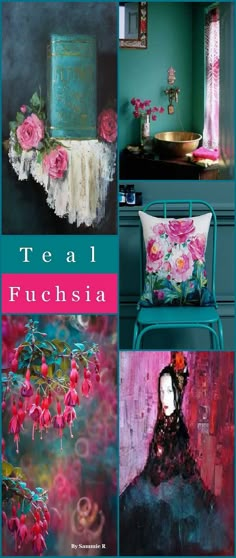 teal and fuchsia collage with pink flowers in the center, green walls, blue chair