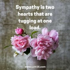 two pink flowers in a vase with a quote on it saying sympathy is two hearts that are tugging at one load