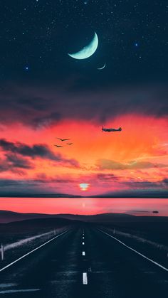 an airplane is flying in the sky at night with a sunset and stars above it