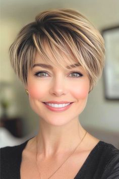 Tapered Highlighted Pixie with Side-swept Bangs Hairstyle on a smiling woman with brown hair and blonde highlights. Pixie With Full Bangs, Women’s Short Hairstyles With Bangs, Short Thinning Hairstyles Over 50, Short Blonde Hair Cuts For Women, Short Hair Long Bangs Pixies, Bixie 90s Haircut With Bangs, Pixie Hairstyles With Bangs, Sassy Pixie Haircut, Pixie With Long Bangs