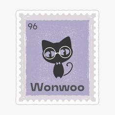 a postage stamp with a black cat wearing glasses and the words wownwoo on it