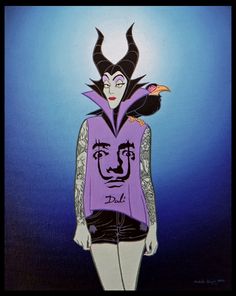 a drawing of a woman with horns on her head wearing a purple shirt and black shorts